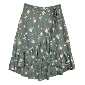 SO Goods For Life Mock Wrap Skirt Size Medium Green w Floral Pastel Pink Print